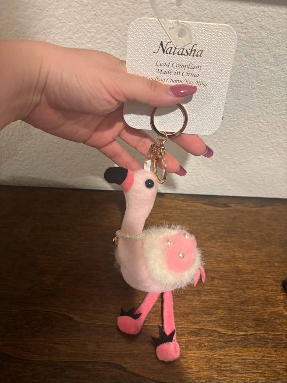 Natasha Couture Pink & Black Flamingo Plush Bag Charm with Gold Hardware - Picture 5 of 5